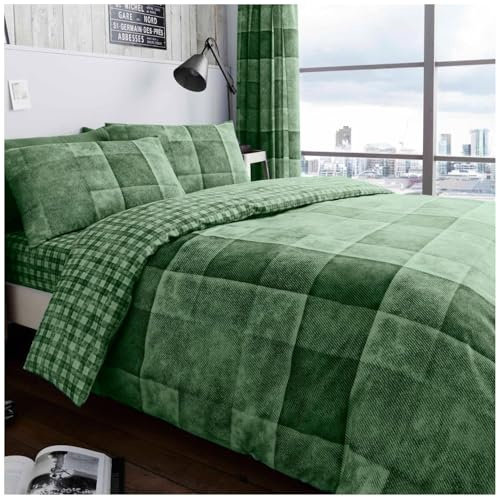 GC GAVENO CAVAILIA Denim Check Duvet Cover Double Bed, Breathable Tartan Bedding Sets Soft Reversible Checkered Quilt Cover Bed Set With Pillowcases, Green