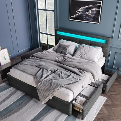 Polsterbett 140x200, LED Doppelbett mit 4 Schubladen und verstellbarem Kopfteil, Bett Jugendbett Stauraumbett Funktionsbett Rückenlehne Bettgestell mit Holz Lattenrost, Leinen, Grau, Ohne Matratze