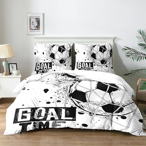 Yzehomijia Set copripiumini e federe per bambini Calcio (140x200cm + 2 federe 65x65cm) - Lenzuola in microfibra, lavabile in lavatrice, chiusura lampo, design stampa 3D.(F2×140)