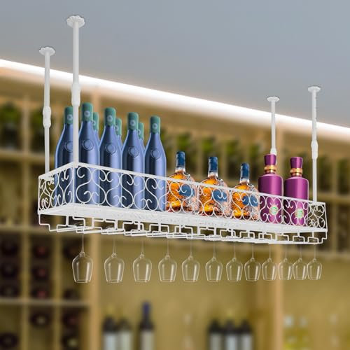 Begoniape Weinregal Palette Deckenregal, 3 Etagen Flaschenhalter aus Metall, Flaschenregal Wandbar für Küche & Weinkeller, Höhenverstellbar Weinglashalter bis 50kg (Weiß)