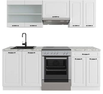 Vicco Küchenzeile R-Line, Weiß Landhaus/Weiß, 200 cm | 5 Module · Höhenverstellbare Füße · AP Marmor inkl. · MDF-Fronten · Mit Glasschrank · Frei kombinierbar