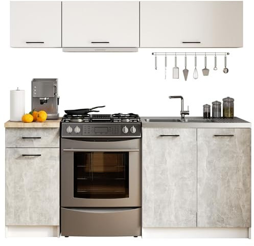 3E 3xE living.com Küchenset: eine Schublade, sechs Türen, sechs Einlegeböden, Farbe: weiß | Beton, A: B: 180 cm, H: 174 cm, T: 46 cm