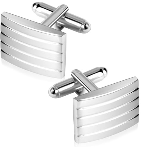 Cncedi Mens Cufflinks, Silver Rectangle Classic Cufflinks Striped Cuff Links, Wedding Cuff Links Gifts for Father Husband Boyfriend Groom Business, Wedding