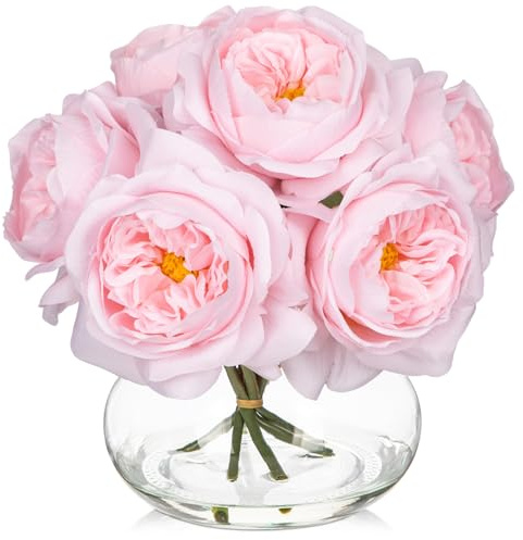 Oairse Künstliche Rosen in Vase, fühlen sich echt an, künstliche Rose mit Glasvase mit Kunstseide, rosa Kunstblumenarrangement für Zuhause, Büro, Badezimmer, Hochzeit, Tischdekoration, Tischdekoration