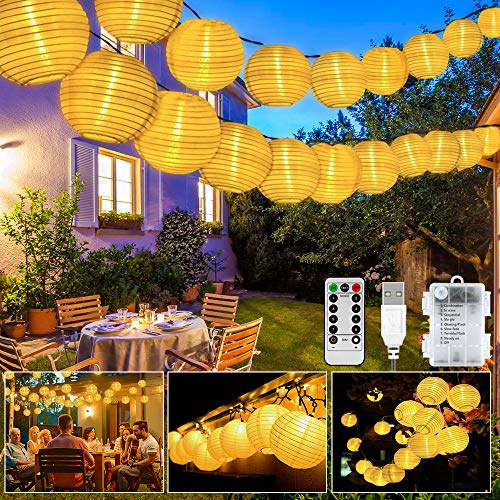 LED Lampion Lichterkette Außen, 20er 8 Modi Lampion LED Lichterketten, USB/Batteriebetriebe und IP65 Wasserdicht Laterne Lichter Dekoration mit Timer für Garten, Hof, Hochzeit, Fest Deko