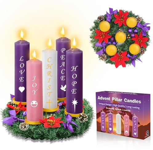 Kenburg Christmas Advent Wreath 5 Candle Holder Set with 2x7'' Pillar Advent Candles, 12 Inch Ring Candle Holder Fire Retardant Centerpiece Decoration for Holiday Rustic Table Indoor Home Church