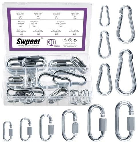 Sweet Lot de 30 mousquetons de chaîne de sécurité galvanisés M3.5 M4 M5 M6 M7 M8 - Kit d'assortiment de mousquetons robustes - Connecteur de