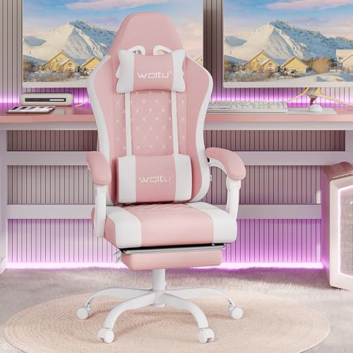 WOLTU Gamingstol med massagefunktion, datorstol med pocketfjäderdyna, ergonomisk gamerfåtölj, snurrstol med huvudkudde, ländryggsdyna och fotstöd, rosa och vit, GS15rsw