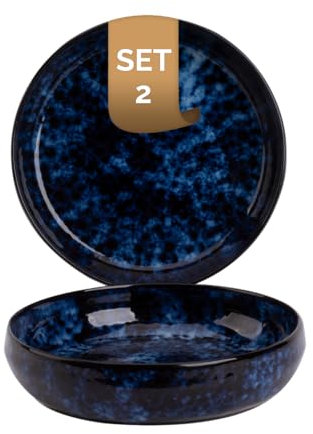 palmer Bama Blue grosse tiefe Teller - 2er-Set - Steinzeug - Ø 22 cm - blau schwarz hochglanz - für Pasta, Suppe oder als Servierteller - stapelbar, spülmaschinenfest