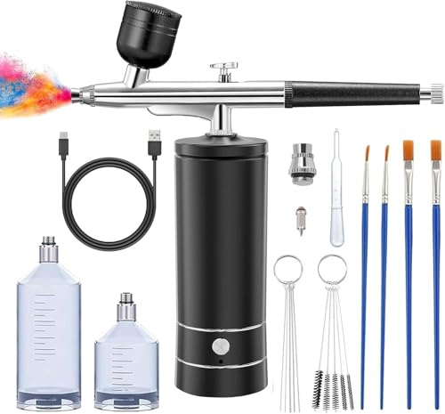 Rhino Wisdom Rechargeable Cordless Airbrush Kit with Compressor, Portable Air Brush Set for Nails, Makeup, Nail Art, Painting, Cake Decor, Adjustable Air Pressure, Includes Cleaning Brush (Black)