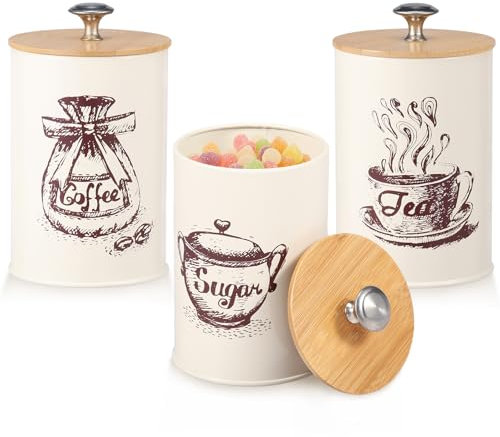 Lot de 3 boîtes à thé, café et sucre - Style vintage - En métal - Avec couvercle hermétique en bambou et marqueur de nom - Pour thé, café, sucre - Noir - 708,7 g