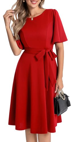 Bbonlinedress Midiklänning för kvinnor, cocktailklänning, vintagestil, formell bröllopsgästklänning, åtsittande och utsvängd, för kyrkan, arbete, bal, 2025, klänning med ärmar, Röd, M