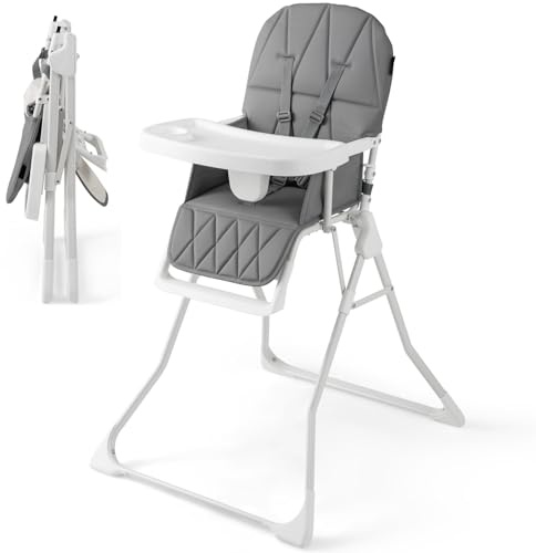 Maxmass Foldable High Chair, Compact High Chair with 3-Position Adjustable Dishwashable Tray, Removable Seat Cushion, 5-Point Safety Harness, Highchair for Baby Infant (Grey Without Basket)