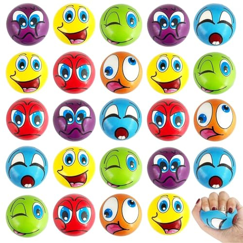 24Pcs Anti Stress Spielzeug Bälle,5CM Lustige Gesichter Softball,Mini Lächeln Gesicht Bälle,Mini Schaum Stressbälle,Verschiedene Emoticons Stressball,Antistressball Wutball für Kinder Sponge Toy Ball