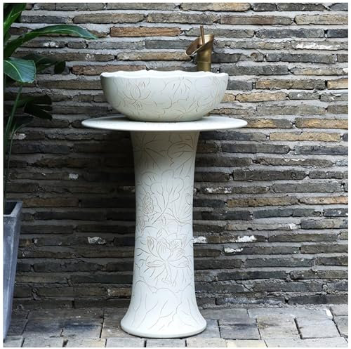 RDIAYDN Lavandino in Ceramica Bianco, Lavabo su Piedistallo in Ceramica per Bagno, Lavabo da Appoggio da Terra, Lavabo Colonna Grande capacità per Interni Ed Esterni,Without Mirror