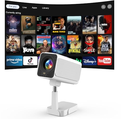 [Android TV OS & Teleskop Stand]Puxinat Smart Beamer mit WiFi6 und Bluetooth5.2, 300ANSI Elektrischer Fokus/Auto Keystone 1080P Mini Beamer mit 180°Verstellbarem Stand, One-Click Use YouTube/HBO/Hulu