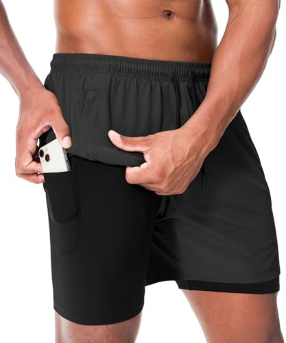 Superora Short d'entraînement Course 2 en 1 pour Hommes‌ - Compression Séchage Rapide Double Couche Fitness avec Poche Smartphone Intégrée
