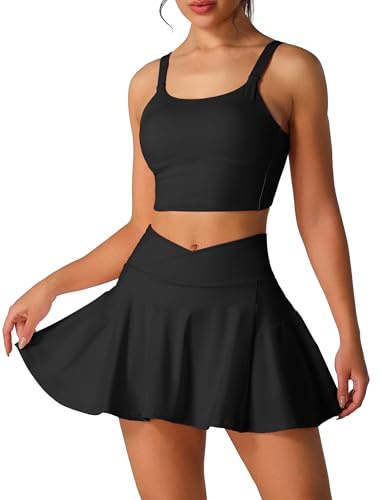 Tenniskleid Damen mit Hose und Taschen: Zweiteiler Sommerkleid Tennisrock + Träger Top mit integriertem BH - Sportkleid für Tennis Golf Yoga Gym