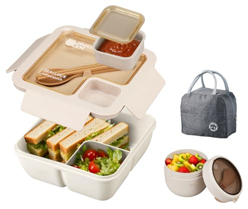 Nymblis Bento Lunch Box Adults, Leakproof Bento Box Set (Beige) | Leakproof Lunchbox, with Compartments, Food Storage Containers, for Adults, Children, for School, Office, Picnic
