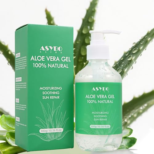 ASYBO Aloe Vera Gel 300 ml – 100% Natural Pure Aloe Vera for Face Body Hair, Soothing and Nourishing Moisturising Aloe Cream for Dry Skin, Sunburn, Acne, After Sun Lotion