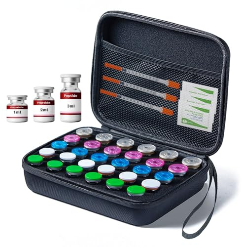 Mazentrix Peptide Vial Case for Fridge Storage - 16 Slot Organizer Holds 1-3ml Vials for Insulin, GLP-1, Peptides,Hard Shell Travel Case with Hand Strap,Black (30 Slots)
