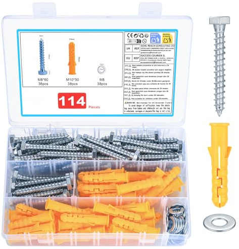 Set di 114 viti per cemento armato: 38 tasselli per carichi pesanti M10 x 50 mm e 38 viti per calcestruzzo M8 x 60 mm e rondelle 38 M8, viti esagonali e tasselli, set di tasselli per espansione