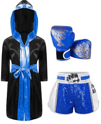 LiiYii Muay Thai MMA korta byxor för pojkar med boxningsväst boxningshandskar våtdräkt kampsport kampsport stridskläder, blå vit, 13-14 ans