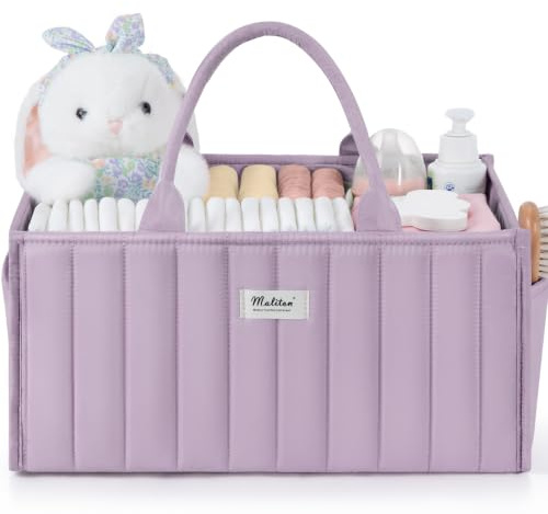 Maliton skötbordsförvaring, skötkorg, organisatör för skötstation, blöja Caddy med fack och handtag, nödvändigheter för nyfödda, babypresenter till födseln, lila