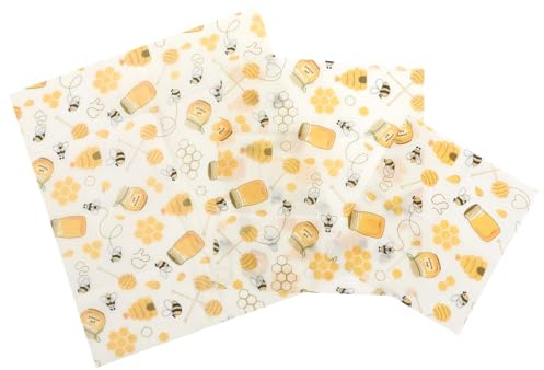 Gogogmee Lot de 3 Wraps Alimentaires Réutilisables en Tissu D'emballage la Cire D'abeille Naturelle, Motifs Miel, Taille Standard, Conservation Fraîcheur Fruits, Légumes et Sandwichs,