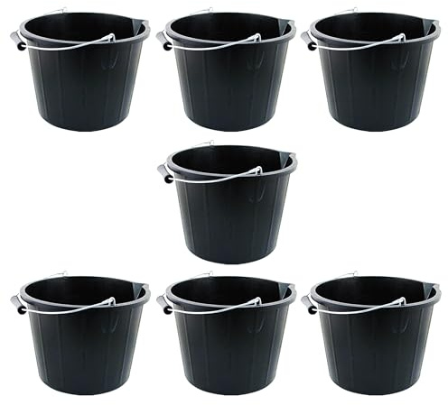 M1SS Builders Buckets Set of 7 – 3 Gallon / 14 Litre Heavy Duty Plastic Buckets with Metal Handle & Pouring Spout | UK Made Multi-Purpose Buckets for Building, Gardening & DIY (Black)