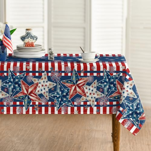 Horaldaily 4th of July Tablecloth 60×84 Inch Rectangular, Independence Day Patriotic Stars American Flag Fireworks Memorial Day Washable Seasonal Table Cover for Party Picnic Dinner Decor