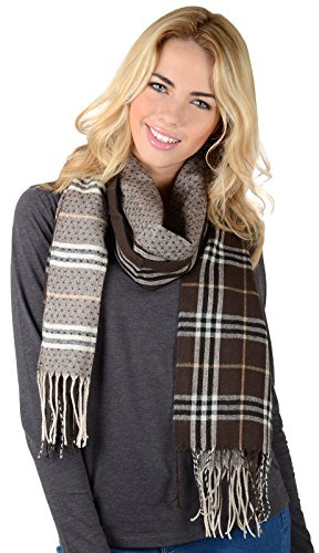 Womens Scarf Tiree Design Long Soft Woven Brown White Checked With Plain Weave Back Twist Fringe Plaid Ispired By Scottish Islands Hebrides Tweed Pattern Ladies Autumn Winter Fashion Neck Wrap 180cm