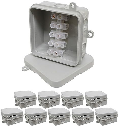 10x IP44 Junction Box with Push on Lid and 15A 5 Way Strip Connector for Electrical Wiring and Lighting - Indoor or Outdoor - 65mm
