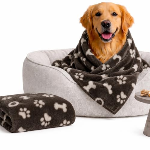 Octave® Dog Blanket - 120 x 120 cm, Cat Blankets, Machine Washable Pet Blankets, Cute Bowl Bone Paw Print Soft Warm Blankets, Fleece Flannel Blanket For Dogs and Cats -Brown