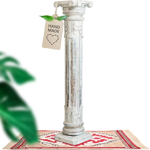livasia edle Blumensäule Holz im Antik-Look – 100cm – Dekosäule aus Albiziaholz, Handgefertigt, Nachhaltig und Einzigartig aus Bali, Perfekt für Wohnzimmer, Flur oder Garten (Weiß)
