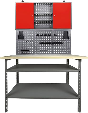 Ondis24 Werkstatteinrichtung 120 cm Werkbank Nobbi, Metall, Lochwand mit Hakensortiment, 1 Werkstattschrank (Arbeitshöhe 85 cm, Rot)