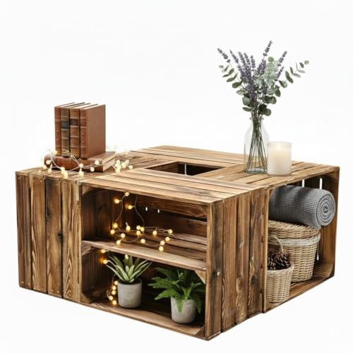 Teramico 4er Set Holzkisten in verschiedenen Variationen- Ideal als Couchtisch, zur Aufbewahrung oder einfach tolle Dekoration (Neu Geflammt 2 x Boden Längs)