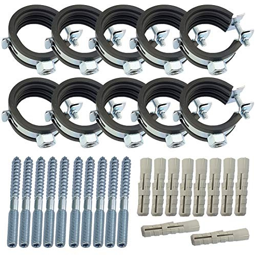 MegaHaustechnik Gelenk-Rohrschellen aus Stahl verzinkt, Set 10 Stück mit Stockschrauben und Dübel, Spannbereich 107 bis 112mm Rohr-Außendurchmesser 4 Zoll, mit Schallschutz, mit M8 Gewinde-Mutter
