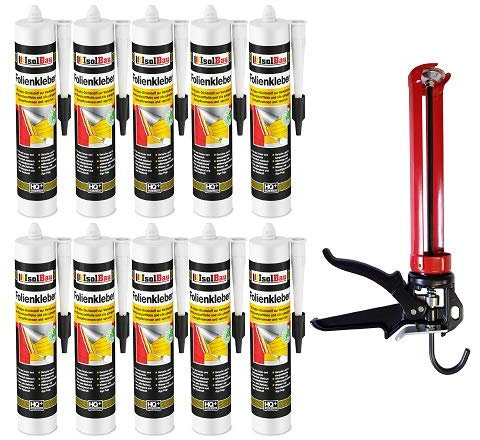Isolbau Profi Folienkleber Set inkl. HQ Auspresspistole - Bauelastischer 1K Klebe-Dichtstoff zur Verklebung von Kunststofffolie, Dampfbremsen & Dampfsperren - 10 x 450 g