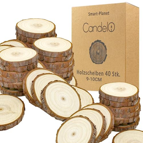 Smart-Planet 40 Stücke Holzscheiben - Rund 9-10 cm Durchmesser Baum Scheiben ohne Loch aus Naturholz - glatte Untersetzer zum Basteln - Holz Log Deko