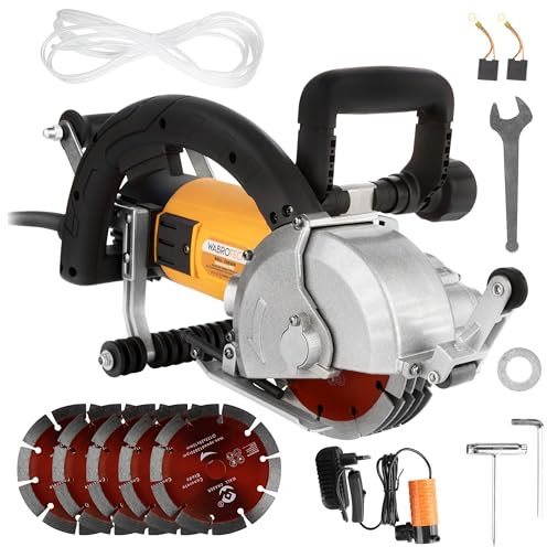 Mauernutfräse Schlitzfräse Fräse WT1009 (maximale Leistung 4500 W, 6500 U/Min, Max.Nuttiefe 38 mm, Nutbreite 8-42 mm, Staubabsaugung, für Ziegel Beton Marmor usw 5x Diamant-Trennscheiben) +
