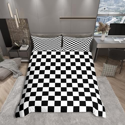 Black and White Plaid Duvet Cover Set Full Size, Reversible Geometric Grid Bedding Quilt Cover for Boys Teens Adults Room Decor, Soft Lattice Checkerd Comforter Cover with 2 Pillowcases, No Filler