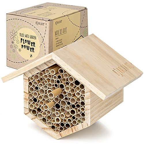 Rivajam Mason Bee House Wax Coated Nesting Bee Box | Refillable Phragmite Reed Mason Bee Tubes Filled Pollinator House | Mason Bee Houses for the Garden