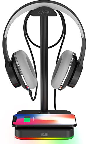 KAFRI RGB Headphone Stand with Wireless Charger Desk Gaming Headset Holder Hanger Rack with 10W/7.5W Fast Charge QI Wireless Charging Pad - Suitable for Gamer Desktop Table Game Earphone Accessories