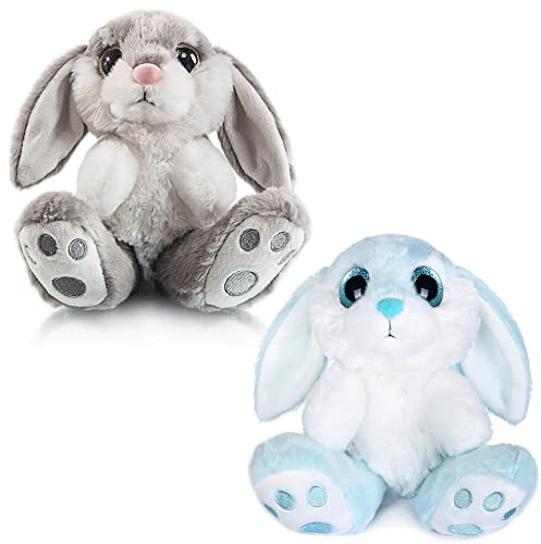 My OLi 18cm Osterhase 2 Stück Plüsch Hase Floppy Ohren Sitting Stofftier Hase Ostergeschenke für Kinder Babys Jungen Mädchen, Grau & Blau