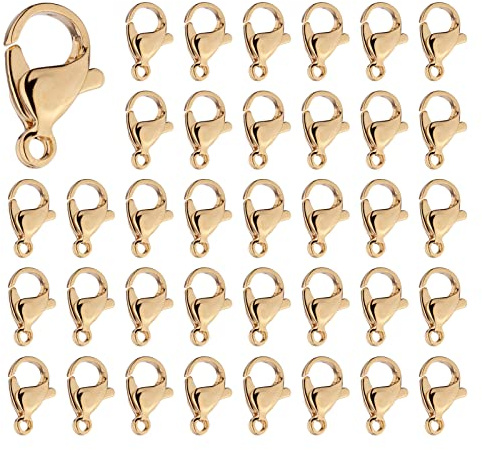 PandaHall - 100 chiusure a moschettone in acciaio inossidabile 304, placcate in oro 24 K, per collane, bracciali, creazione di gioielli, 12 x 7 x 4 mm