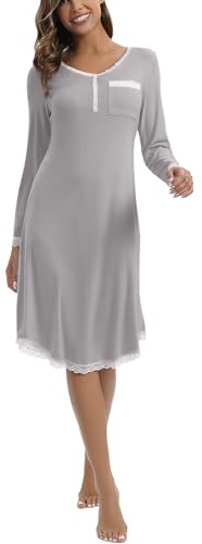 Yukiuiny Chemises de Nuit Femme Coton Dentelle Nuisette Robe de Nuit Longue T Shirt de Nuit Pyjama Casual Col V Sexy Maternité Allaitement Top Confortable Gris*Longue XXL