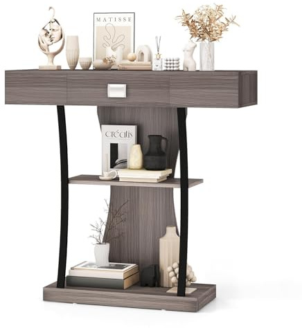 GOPLUS Table de Console Industirelle à 3 Niveaux, Table d’Entrée avec Tiroir & Dispositif Anti-Basculement, pour Entrée, Chambre, Salon, Couloir, 91X30X88 CM (Gris)