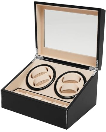 SuhoFutus Uhrenaufbewahrung Automatische Uhrenbeweger Box PU Leder Uhrengehäuse, 4+6 Uhren Uhrenbox Herren, Holz Uhr Winder Speicher Vitrine Box mit Leisem Motor, 30.5x22.9x7 cm(Schwarz)