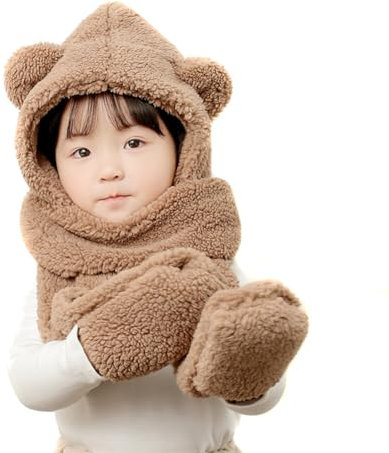 iSpchen Baby Schlupfmütze Warm Niedlich Bär Babymütze Schalmütze Strickmütze Fleecefutter Beanie Mütze Schal integrierte Winter 1-7 Jahre alt 50-56cm Braun